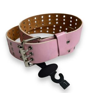 New Pink Leather Belt Silver Buckle Rivets Triple Hole Prong Women Large FLAWS